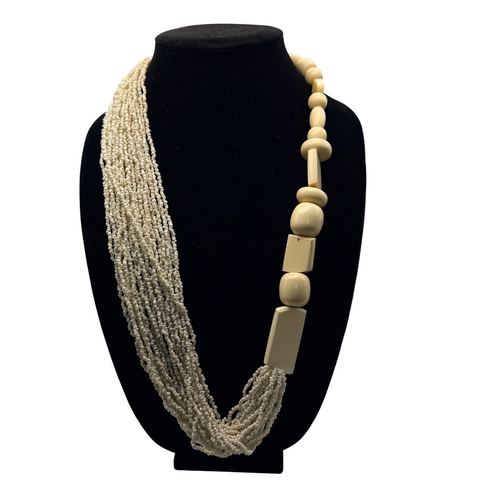 Vintage Multi Strand Seed Bead Necklace Geometric Chunky Accent Cream Women